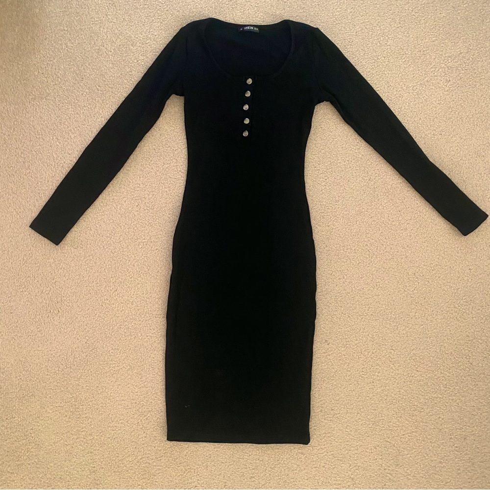 Black Ribbed Long Sleeve Dress